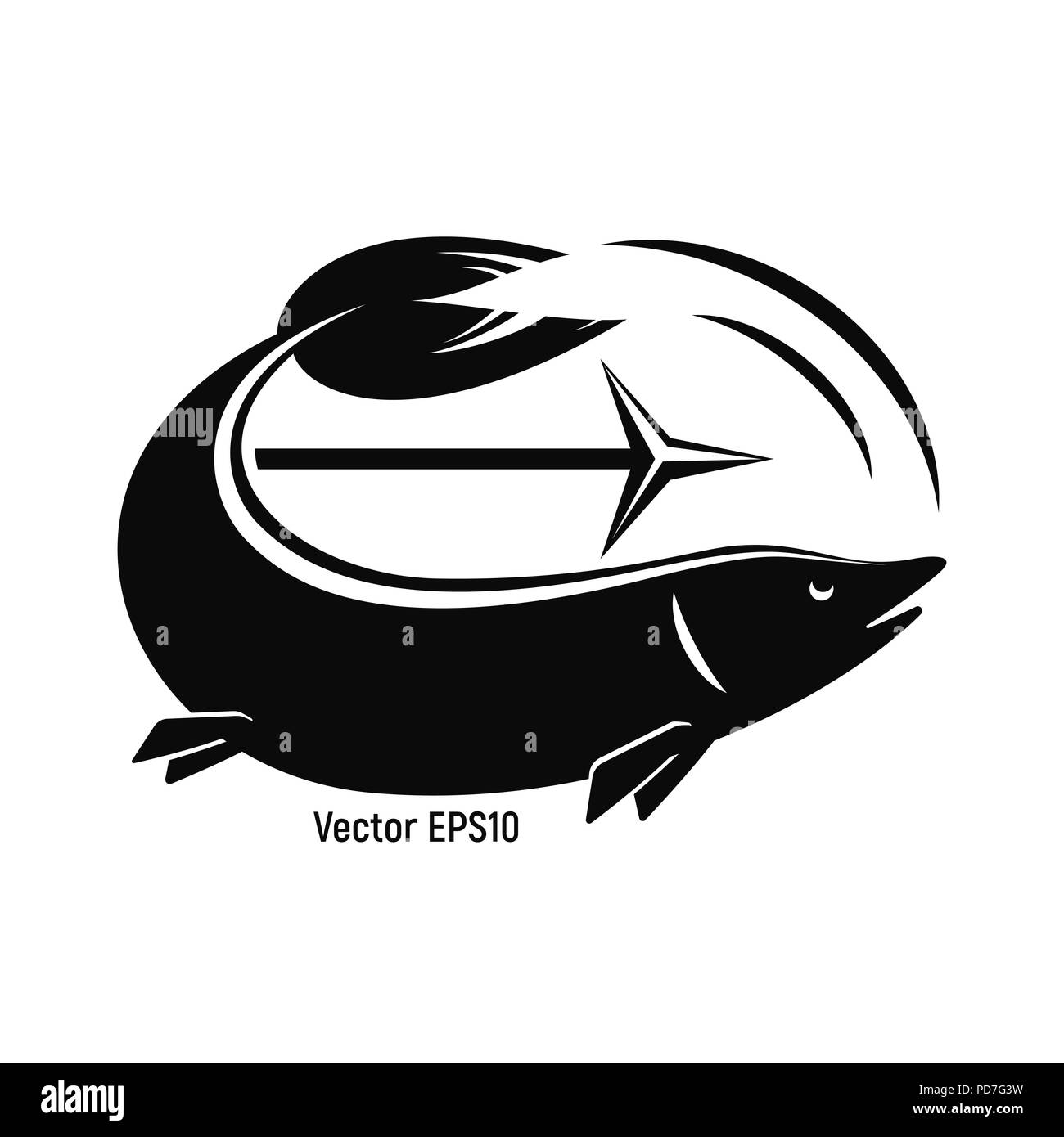 Pesce con arpioni per la pesca. Il bianco e nero è una semplice icona. Illustrazione Vettoriale. Illustrazione Vettoriale