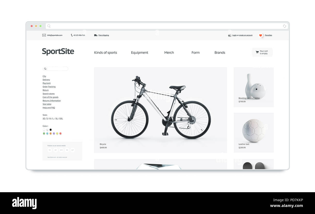 Sport Sito Webstore modello mock up isolato, 3d'illustrazione. Pagina web di formazione mockup di interfaccia. Il sito internet di modello. Web store del layout dello schermo per la visualizzazione sul computer. Foto Stock