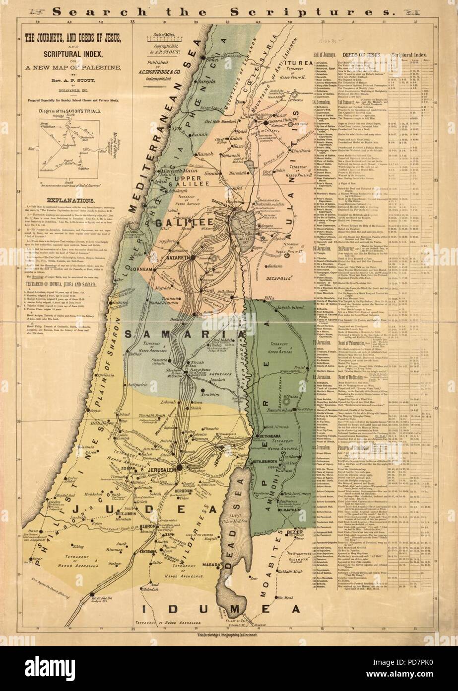 Andrew Pearce Stout. I viaggi e le opere di Gesù e scriptoral indice su una nuova mappa della Palestina. 1881. Foto Stock