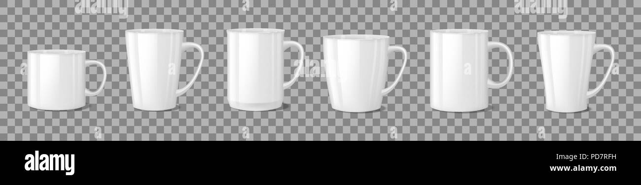 Realistico bianco vuoto tazza da caffè tazze su sfondo trasparente. Modello di tazza mockup isolato. tazzina per la prima colazione. Illustrazione Vettoriale Illustrazione Vettoriale