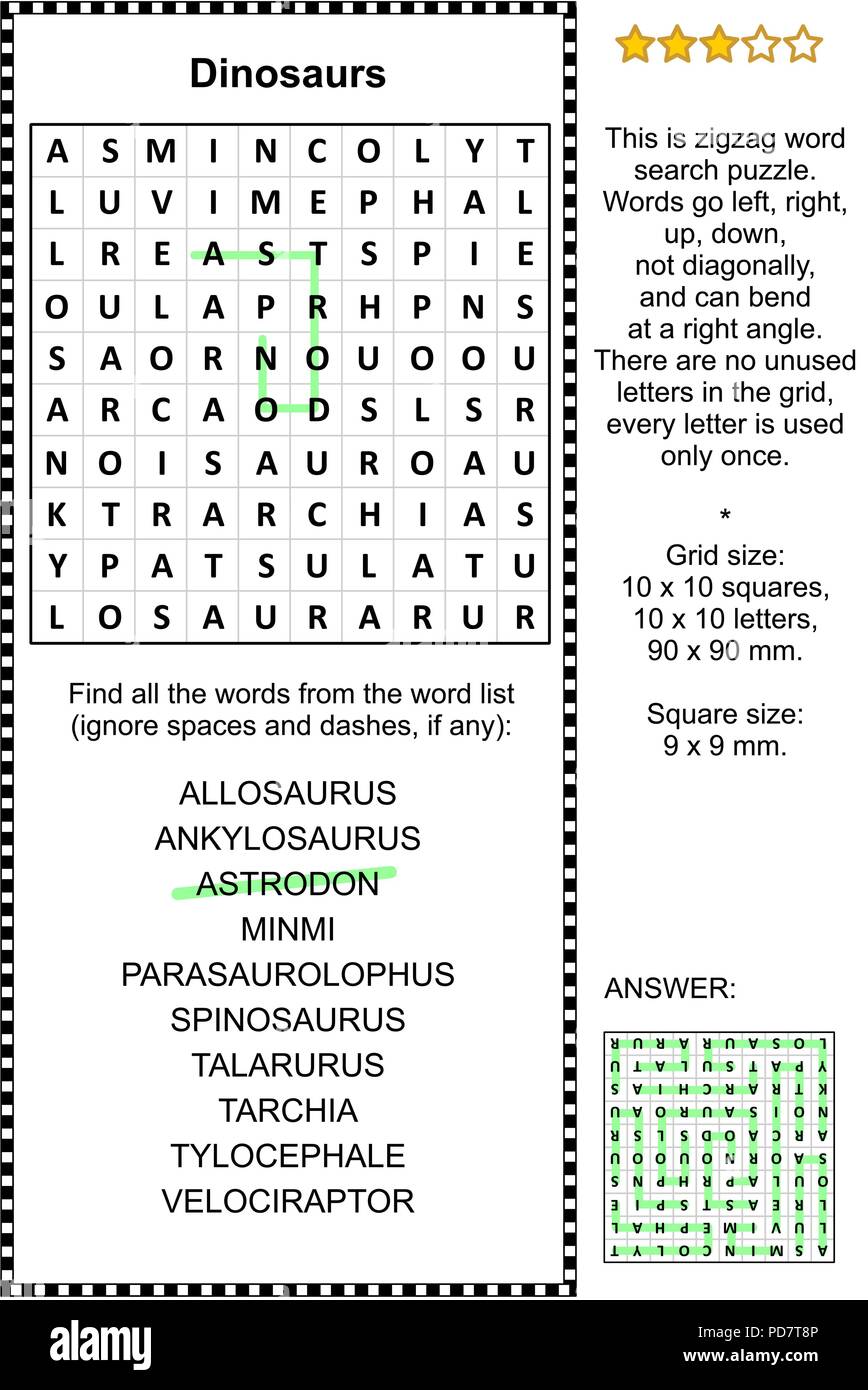 I dinosauri a zig-zag a tema puzzle di ricerca di parola (adatta sia per bambini che per adulti). Risposta inclusa. Illustrazione Vettoriale