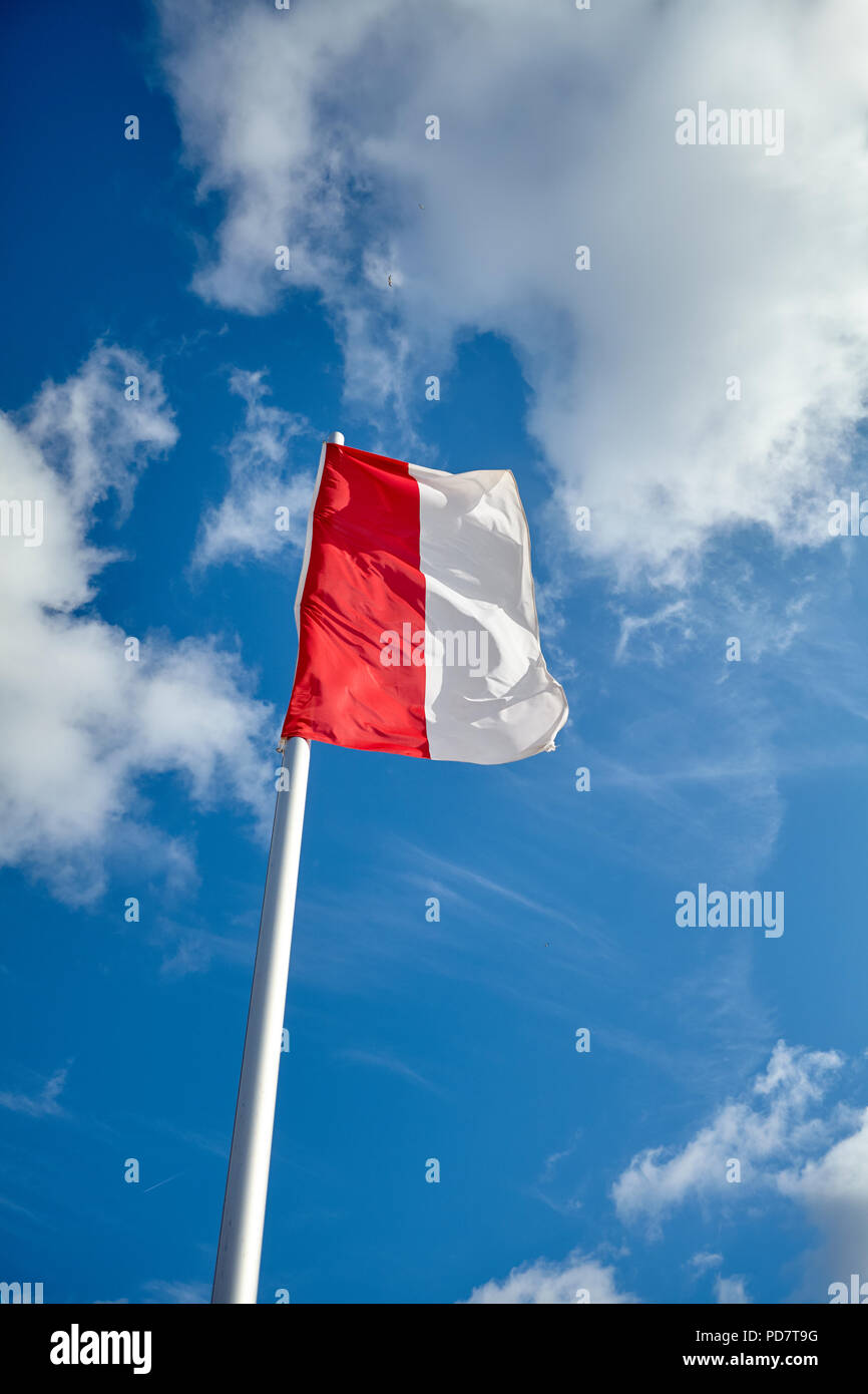 Bandiera polacca contro il cielo blu in una giornata di sole. Foto Stock