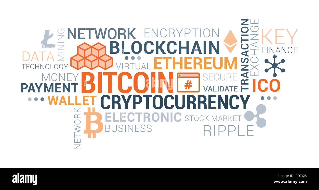 Cryptocurrencies, blockchain e bitcoin tag cloud con i concetti e le icone Illustrazione Vettoriale