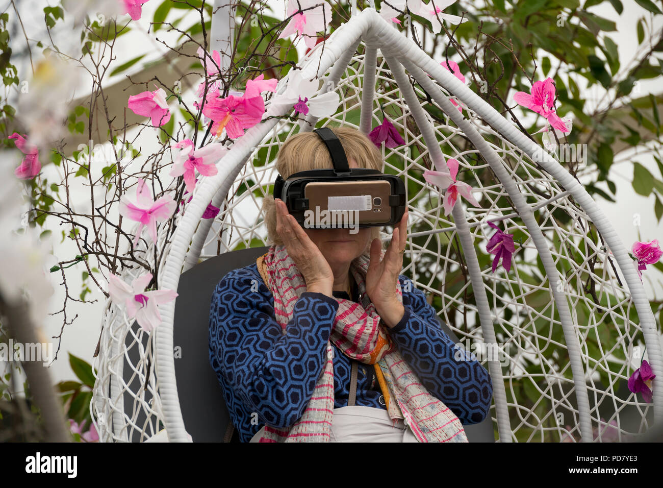 Donna che indossa le cuffie VR, seduto al posto di guida tra i fiori in realtà virtuale esperienza di orchidee - RHS Chatsworth Flower Show, Derbyshire, Inghilterra, Regno Unito. Foto Stock