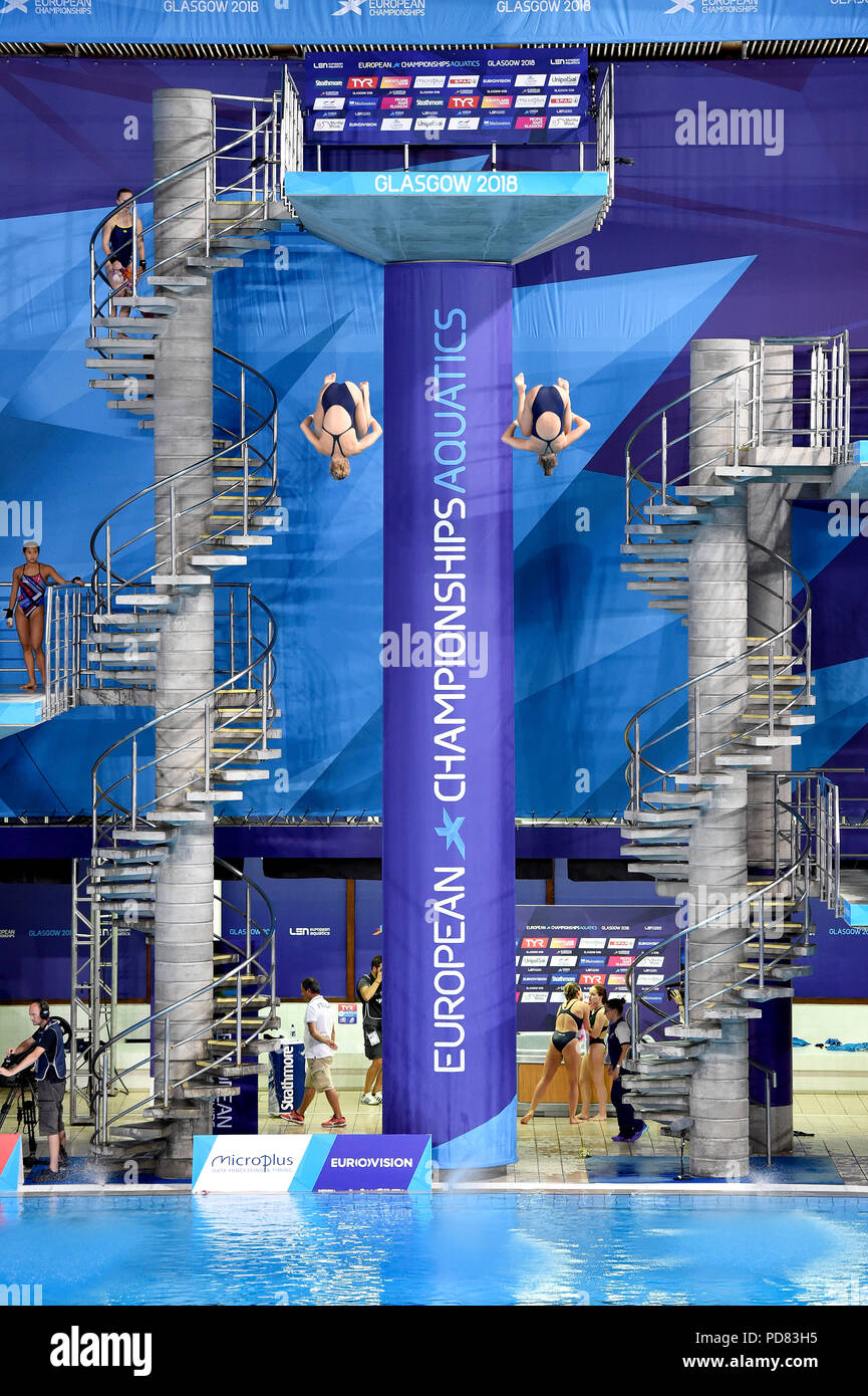 La Norvegia è Anne Vilde Tuxen e Helle Tuxen durante la donna sincronizzato 10m Platform Finale durante il giorno sei del 2018 Campionati Europei a Scotstoun Sport Campus, Glasgow. Foto Stock