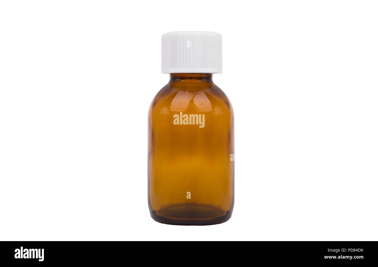 Medical bottiglia di marrone, in vetro trasparente. Sngle brown, bottiglia grande con il farmaco. Foto Stock