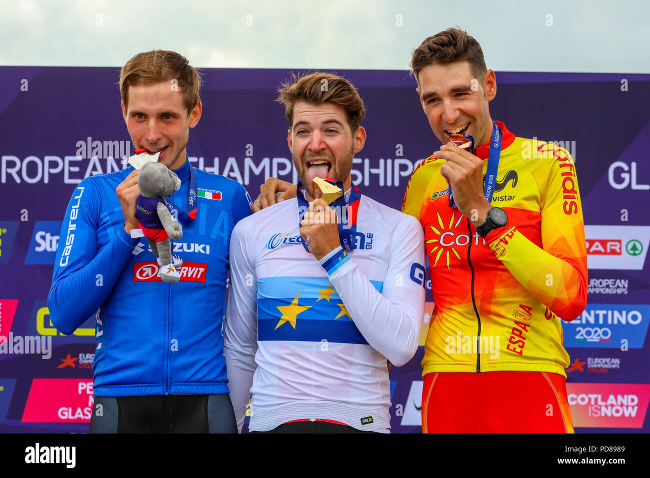 Cathkin Braes, Glasgow, Regno Unito. Il 7 agosto, 2018. Gli uomini di cross country mountain bike processi tenuti su Cathkin bricchi, sul lato sud di Glasgow è stato vinto da LARS FORSTER (sui) contro un campo di 59 piloti internazionali. In secondo luogo è stato LUCA BRAIDOT, in Italia e in terzo luogo era SERRANA DAVID VALERO dalla Spagna. Credito: Findlay/Alamy Live News Foto Stock