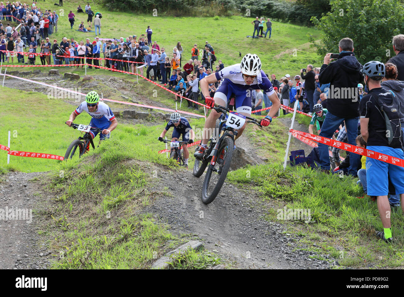 Cathkin Braes, Glasgow, Regno Unito. Il 7 agosto, 2018. Gli uomini,s cross country mountain bike trial è stato trattenuto Cathkin bricchi, a sud di Glasgow City con un campo di 59 piloti internazionali, le prove è stato vinto da Lars Forster dalla Svizzera Credit: Findlay/Alamy Live News Foto Stock