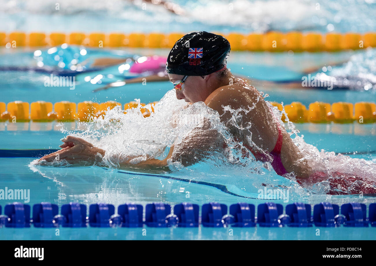 7 agosto 2018, Tollcross International centro nuoto, Glasgow, Scozia; Glasgow 2018 Unione Nuoto Campionati; Molly Renshaw (GBR) sul suo modo per la medaglia di bronzo nella 200m Finale a rana Foto Stock