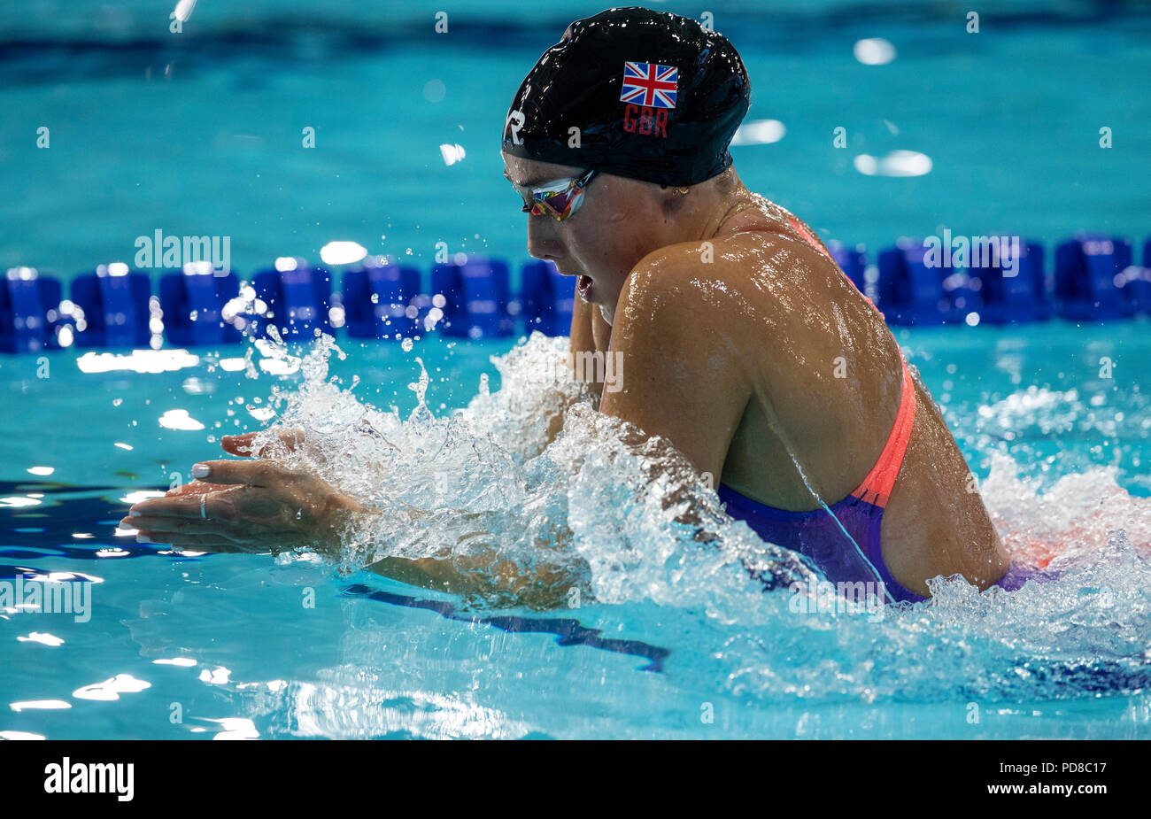 7 agosto 2018, Tollcross International centro nuoto, Glasgow, Scozia; Glasgow 2018 Unione Nuoto Campionati; Chloe Tutton (GBR) che è stato squalificato dalla 200m Finale a rana Foto Stock