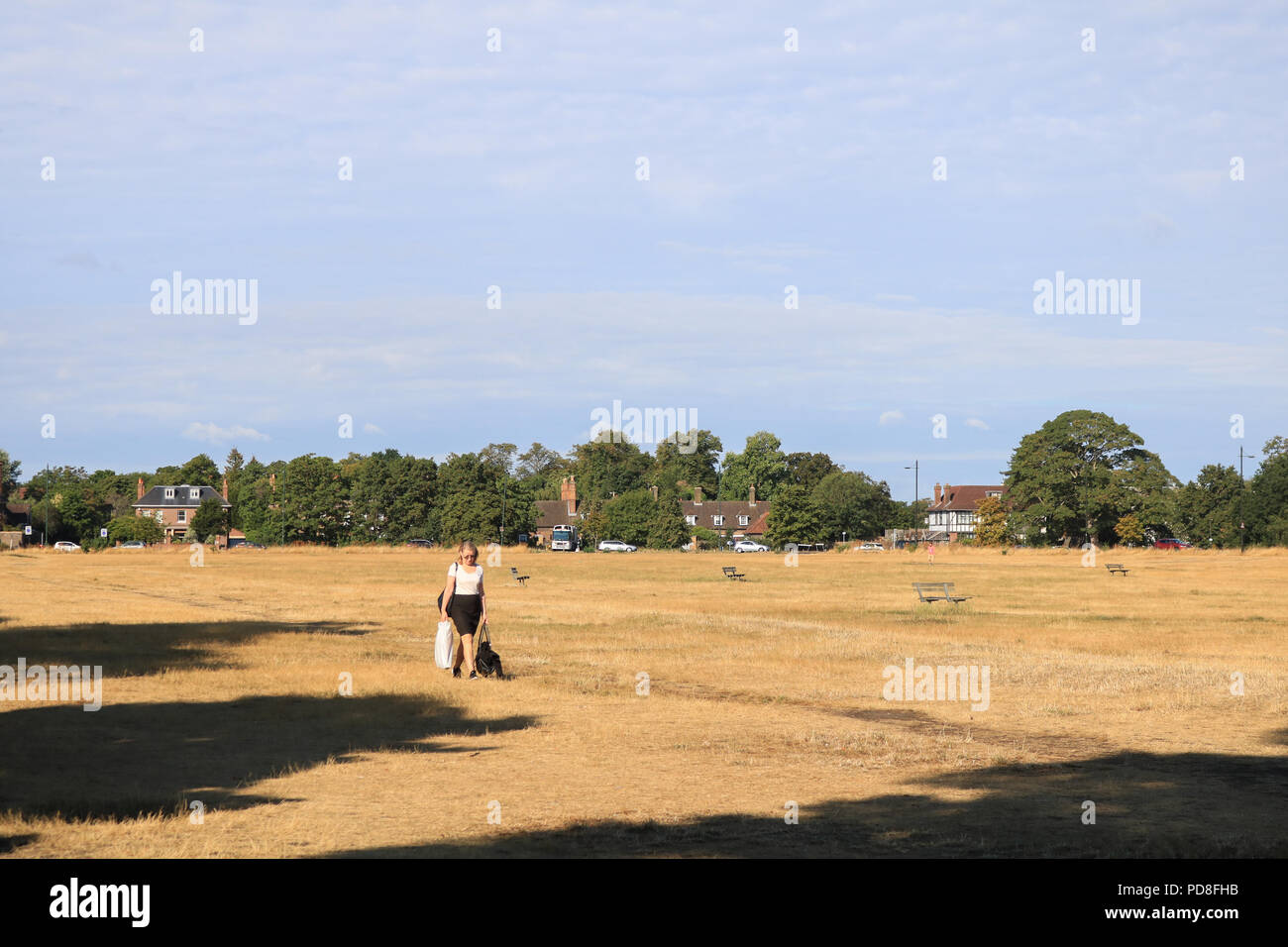 Londra REGNO UNITO. 8 agosto 2018. Le persone godono di una passeggiata su un arido di Wimbledon Common su una luminosa mattina di sole con temperature raffreddamento segnalare la fine della canicola estiva Credito: amer ghazzal/Alamy Live News Foto Stock