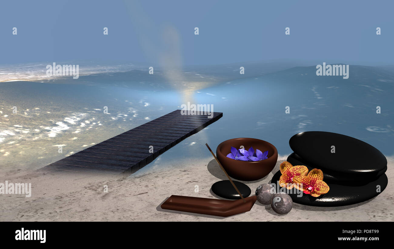 Mare con una spiaggia sabbiosa da cui un pontile che va in acqua nella sabbia è una ciotola di fiori, un tumulo di pietre pomice, Cinese Qi Gong sfere, un i Foto Stock