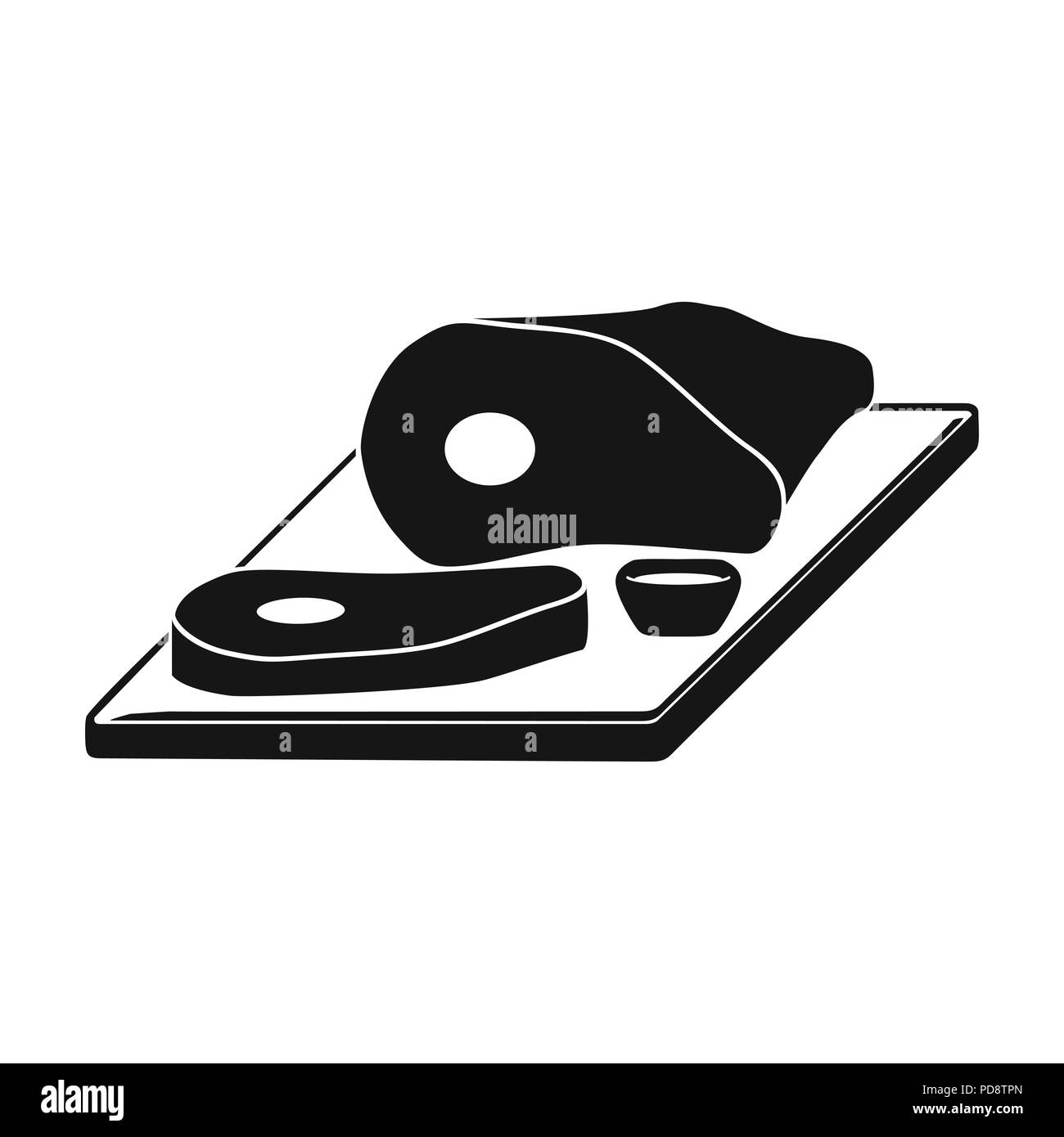 Fette di carne sul tagliere icona nel design nero isolato su sfondo bianco. Pub stock simbolo illustrazione vettoriale. Illustrazione Vettoriale