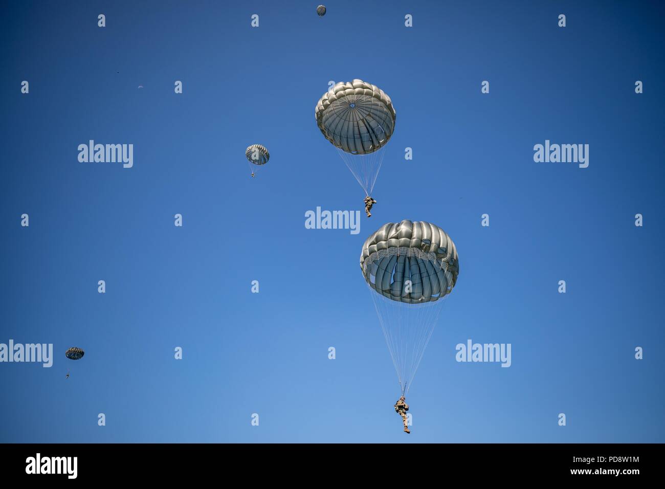 Paracadutisti scendere su Castello zona di caduta durante Leapfest presso la University of Rhode Island, West Kingston, R.I. Agosto 5, 2018, 5 agosto 2018. Leapfest è il più grande e il più lungo in piedi, international static line parachute evento di formazione e competizione ospitata dalla 56th squadrone comando, Rhode Island esercito Guardia Nazionale per promuovere tecniche di alto livello e esprit de corps entro il International Airborne comunità. (U.S. Esercito foto di Sgt. Giuseppina Carlson). () Foto Stock