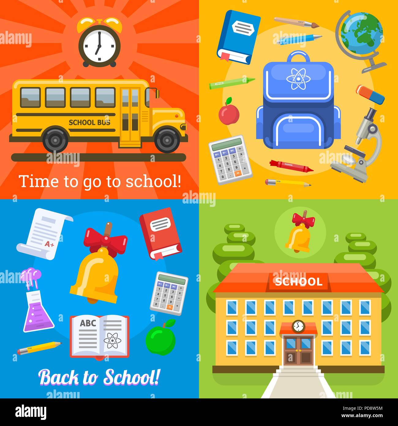 Il tempo di andare a scuola quattro banner Illustrazione Vettoriale