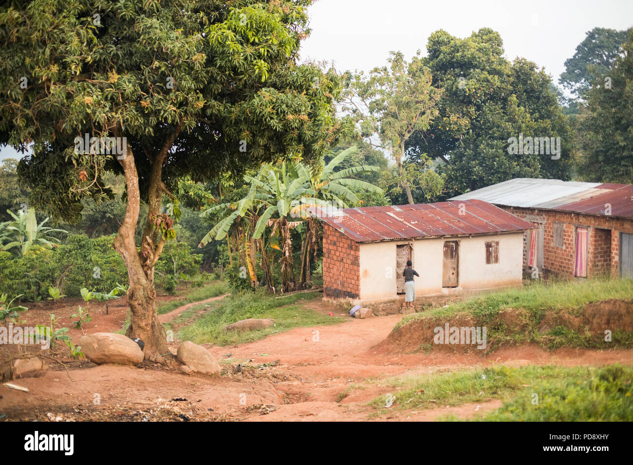 Negozi e case la linea banchina di una piccola città nelle zone rurali del distretto di Mukono, Uganda. Foto Stock