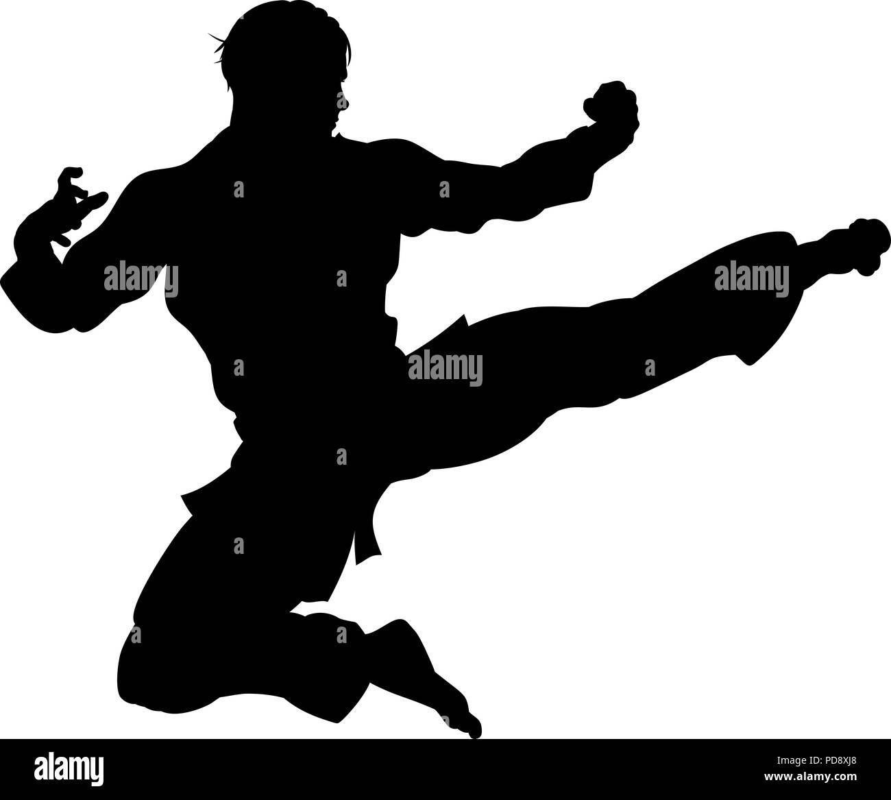 Karate o Kung Fu Flying Kick Silhouette Illustrazione Vettoriale