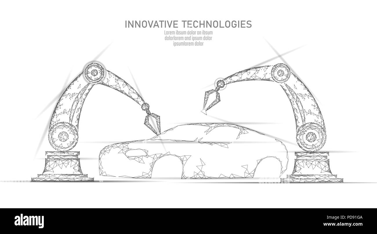 Bassa poli unità di braccio robotico auto tecnologia di automazione. Attività industriale di fabbrica macchina robot saldatore. Corpo automatico di saldatura a mano android poligono triangolo bianco geometrico illustrazione vettoriale Illustrazione Vettoriale