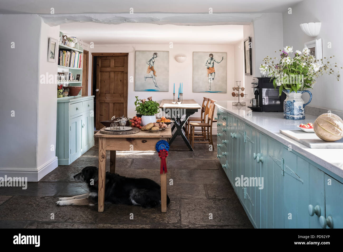 Sensazione contemporanea cucina di paese con silestone le superfici di lavoro e pavimenti in lastricato Foto Stock
