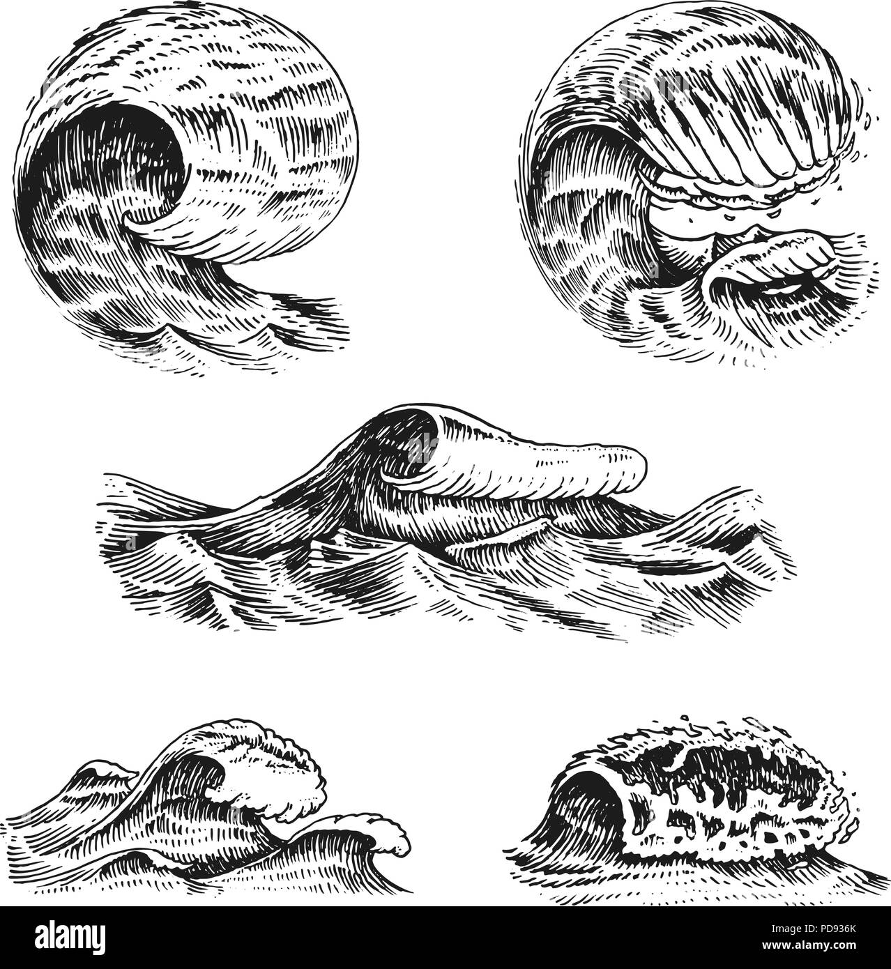 Atlantico onde di marea. Vintage vecchio inciso disegnati a mano le etichette. Marine e nautiche o mare, Sfondo oceano per banner o poster. Impostare isolate di illustrazione vettoriale. Illustrazione Vettoriale