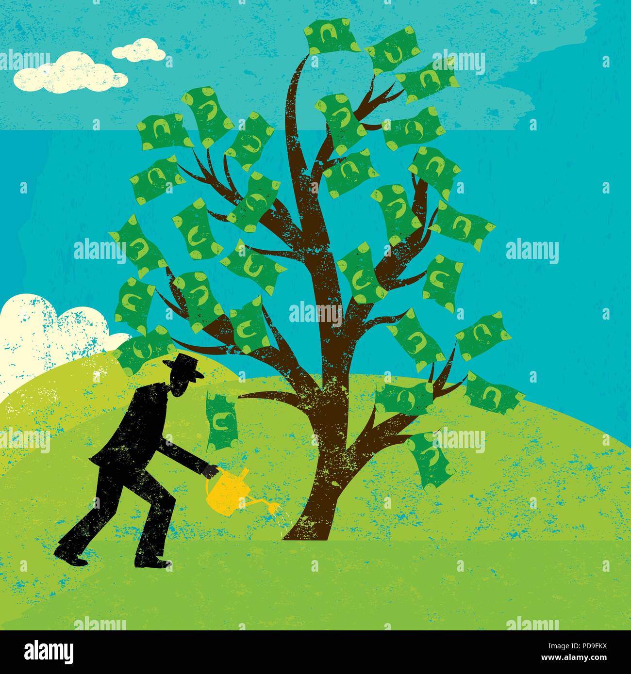 Crescono alberi di denaro. Un imprenditore di Irrigazione degli alberi di denaro su un paesaggio astratto dello sfondo. Illustrazione Vettoriale