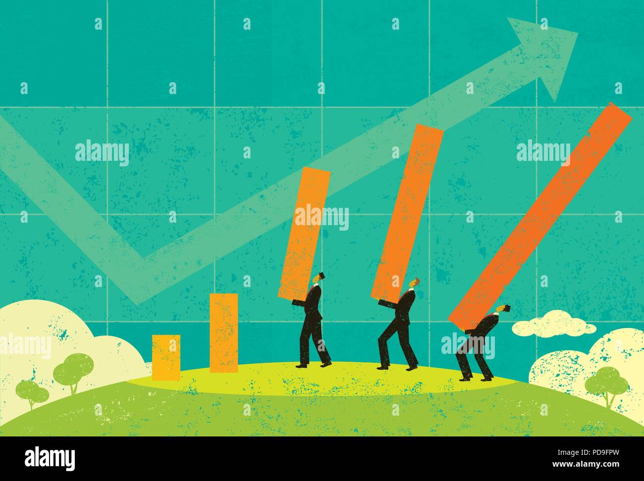 Proiezioni di profitto. Imprenditori sporgenti i profitti futuri utilizzando una dimensione di vita di grafico a barre. Illustrazione Vettoriale