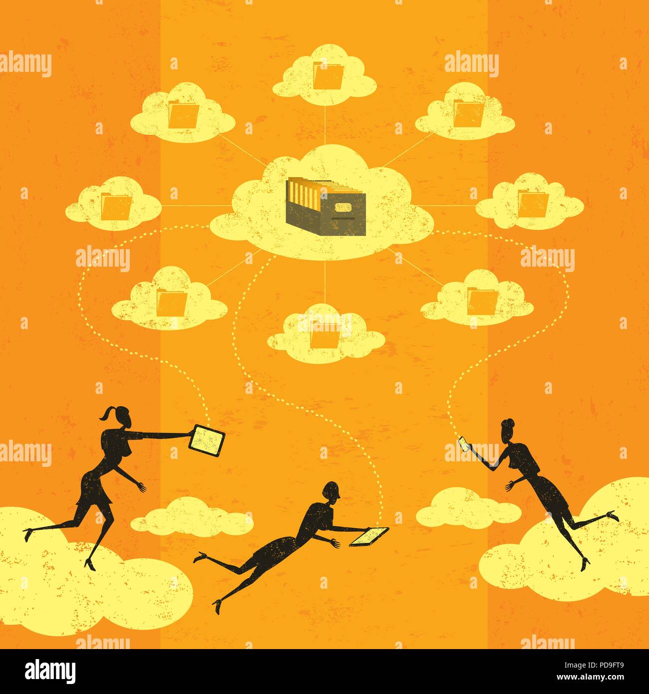 Il cloud computing. Imprenditrici il collegamento al cloud storage tramite i loro dispositivi mobili. Illustrazione Vettoriale
