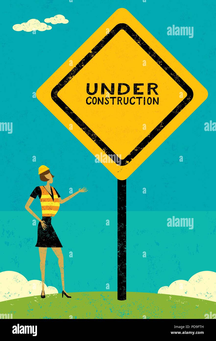 In Costruzione. Una imprenditrice, che indossa un elmetto e giubbotto, sorge accanto a un sotto il segno di costruzione. Illustrazione Vettoriale