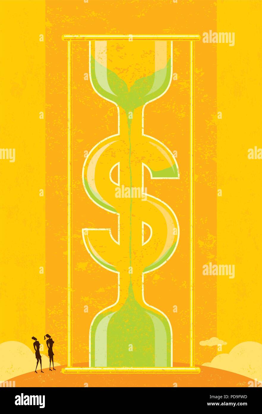 Il tempo è denaro. La gente di affari, guardando un enorme dollaro a forma di clessidra, di rendersi conto che il tempo è denaro. Illustrazione Vettoriale
