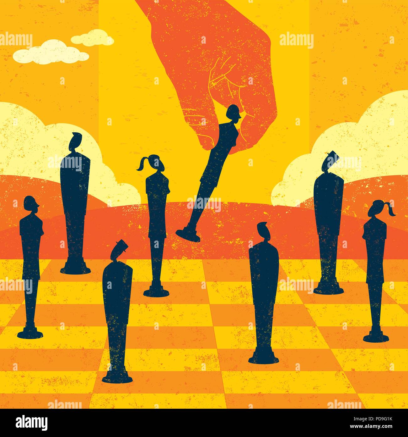 Gestione strategica delle decisioni. Una grande mano spostando la gente di affari di posizioni strategiche su una scacchiera. Illustrazione Vettoriale