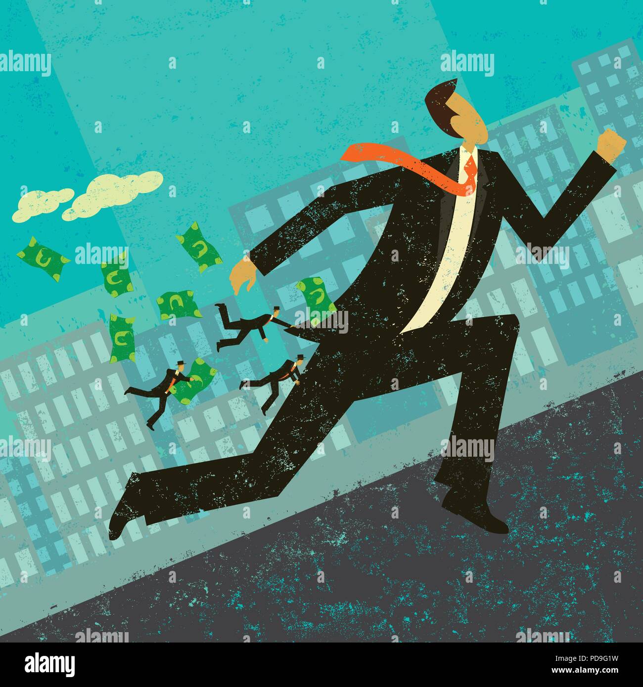 Strategic Business Alliance. Un gruppo di piccoli imprenditori afferrando e raccogliendo i profitti di un rapporto con un imprenditore di grandi dimensioni. Illustrazione Vettoriale