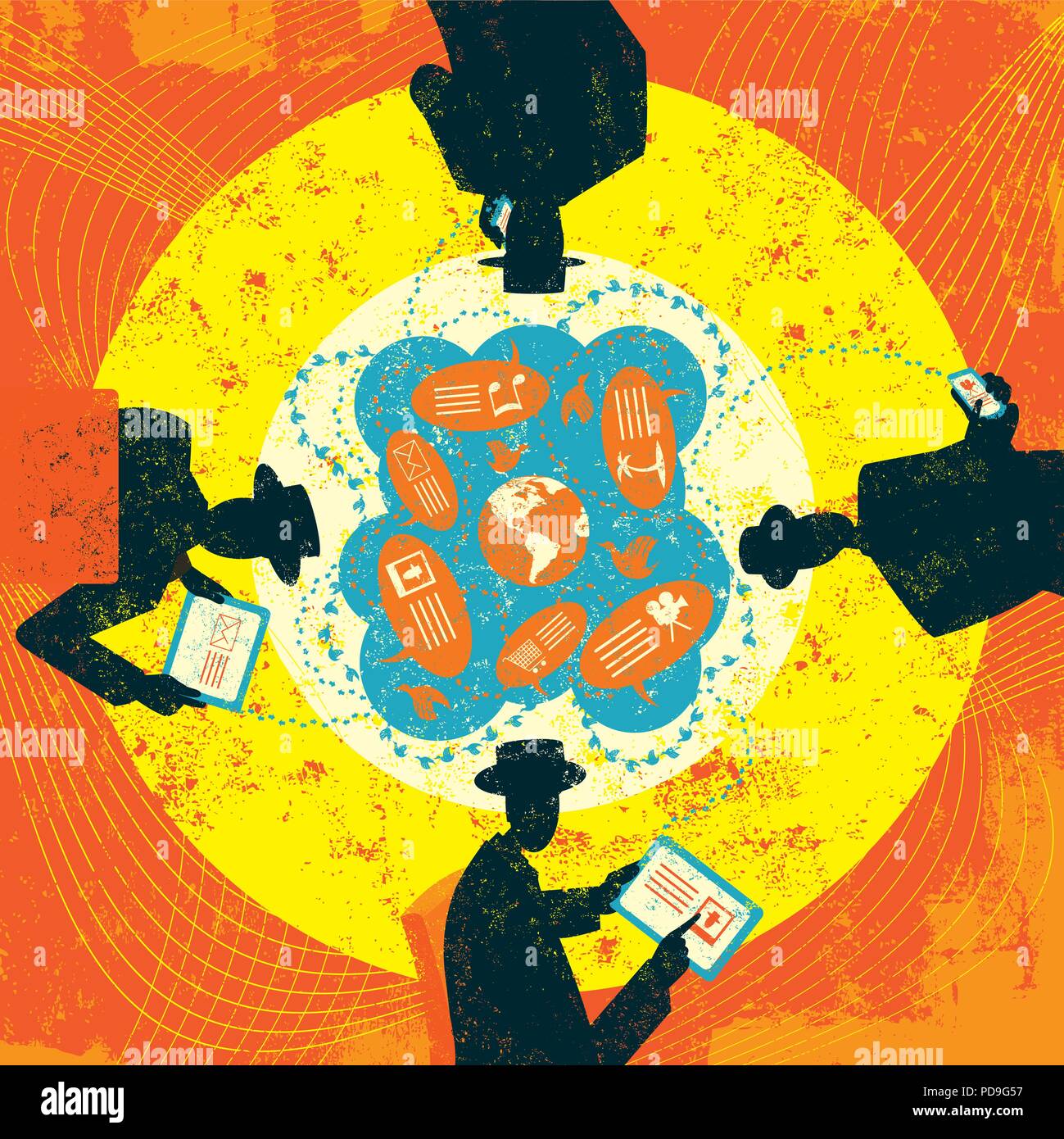 Social Media Networking quattro uomini d'affari in comunicazione attraverso i media sociali. Illustrazione Vettoriale