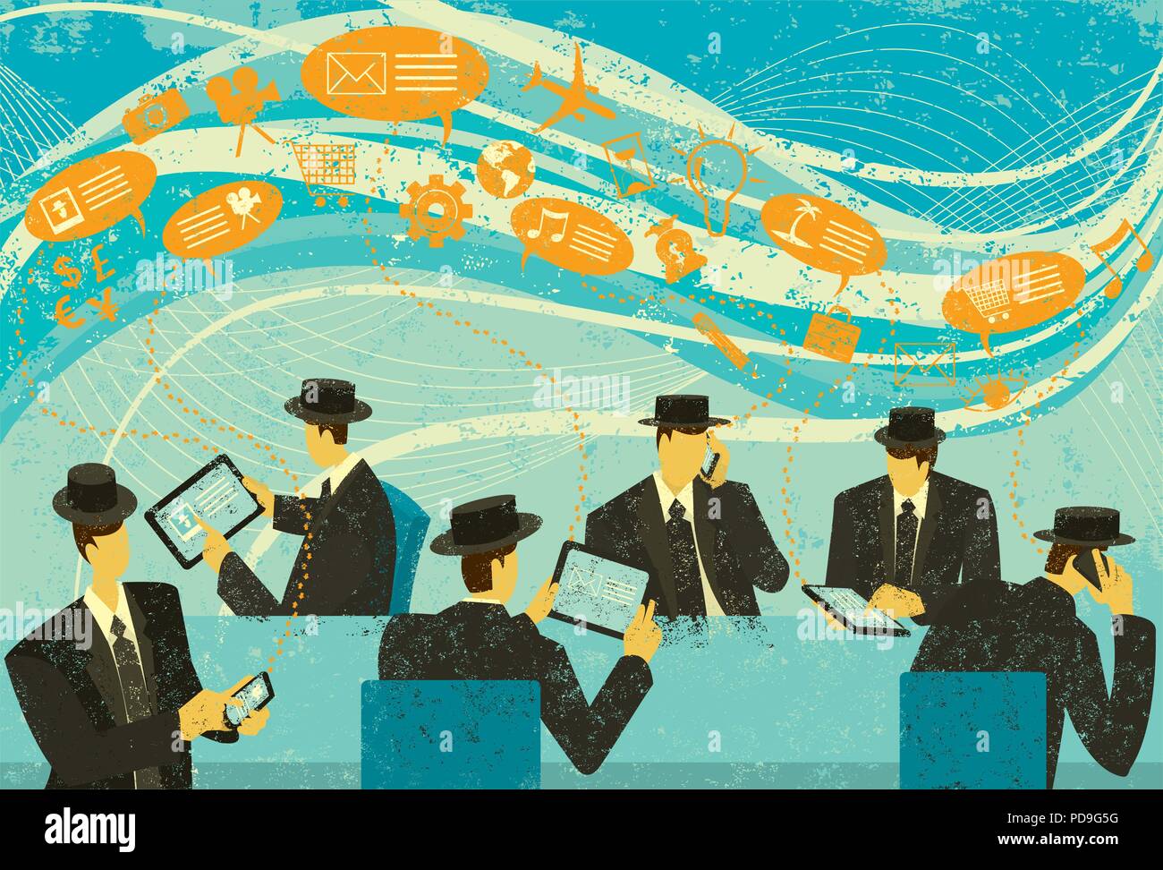 Il Social Media Marketing. Sei imprenditori impegnati nel marketing tramite social media. Illustrazione Vettoriale