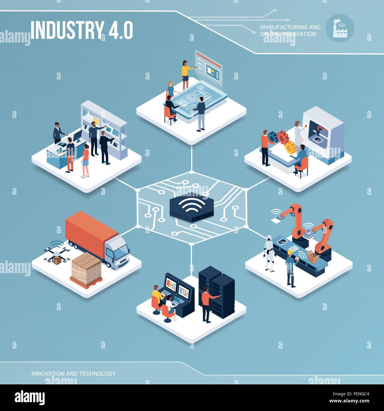 Nucleo digitale: industria 4.0, produzione e automazione ed infografico isometrica con persone Illustrazione Vettoriale