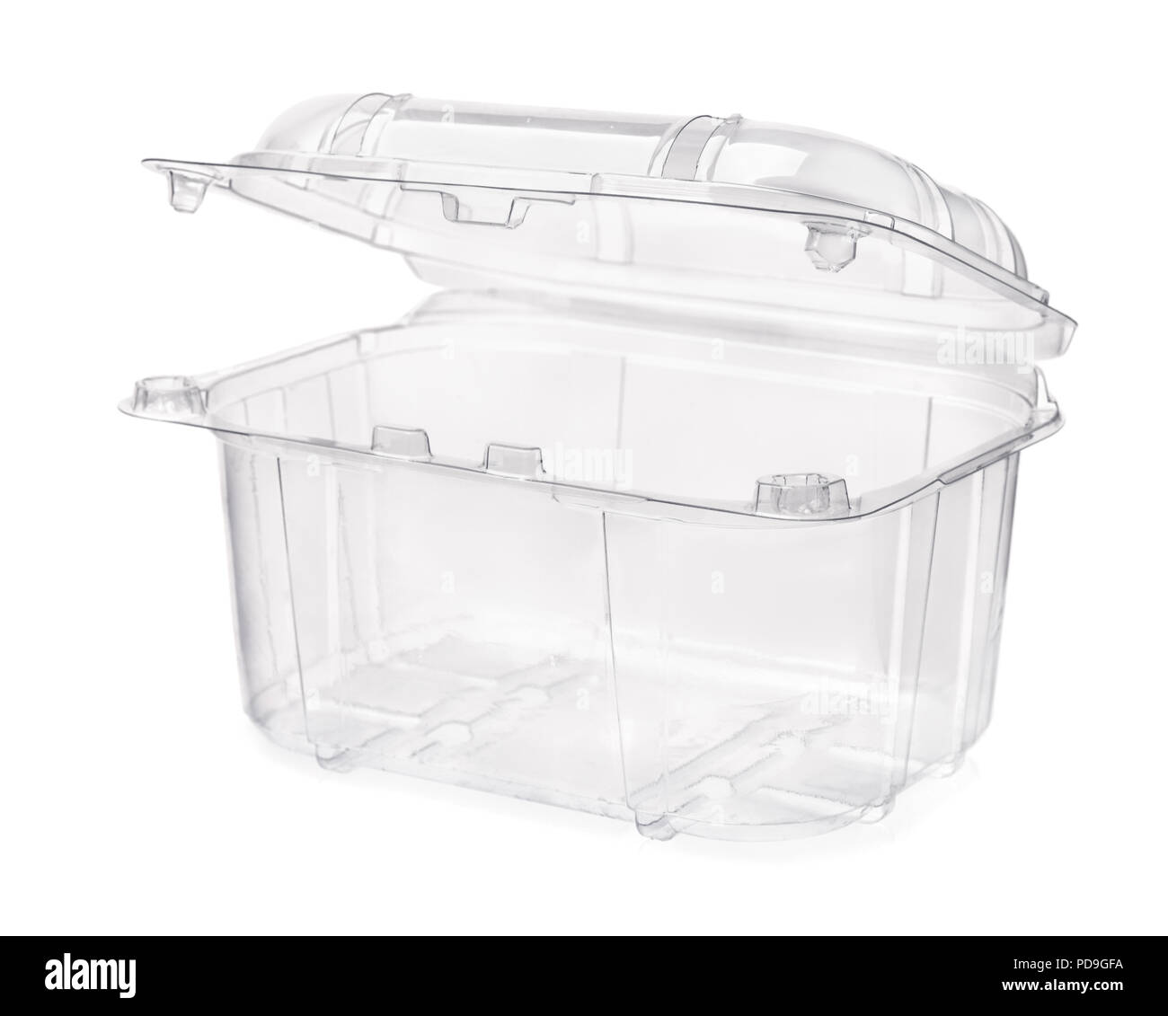 Trasparente vuoto contenitore in plastica per alimenti isolato su bianco Foto Stock