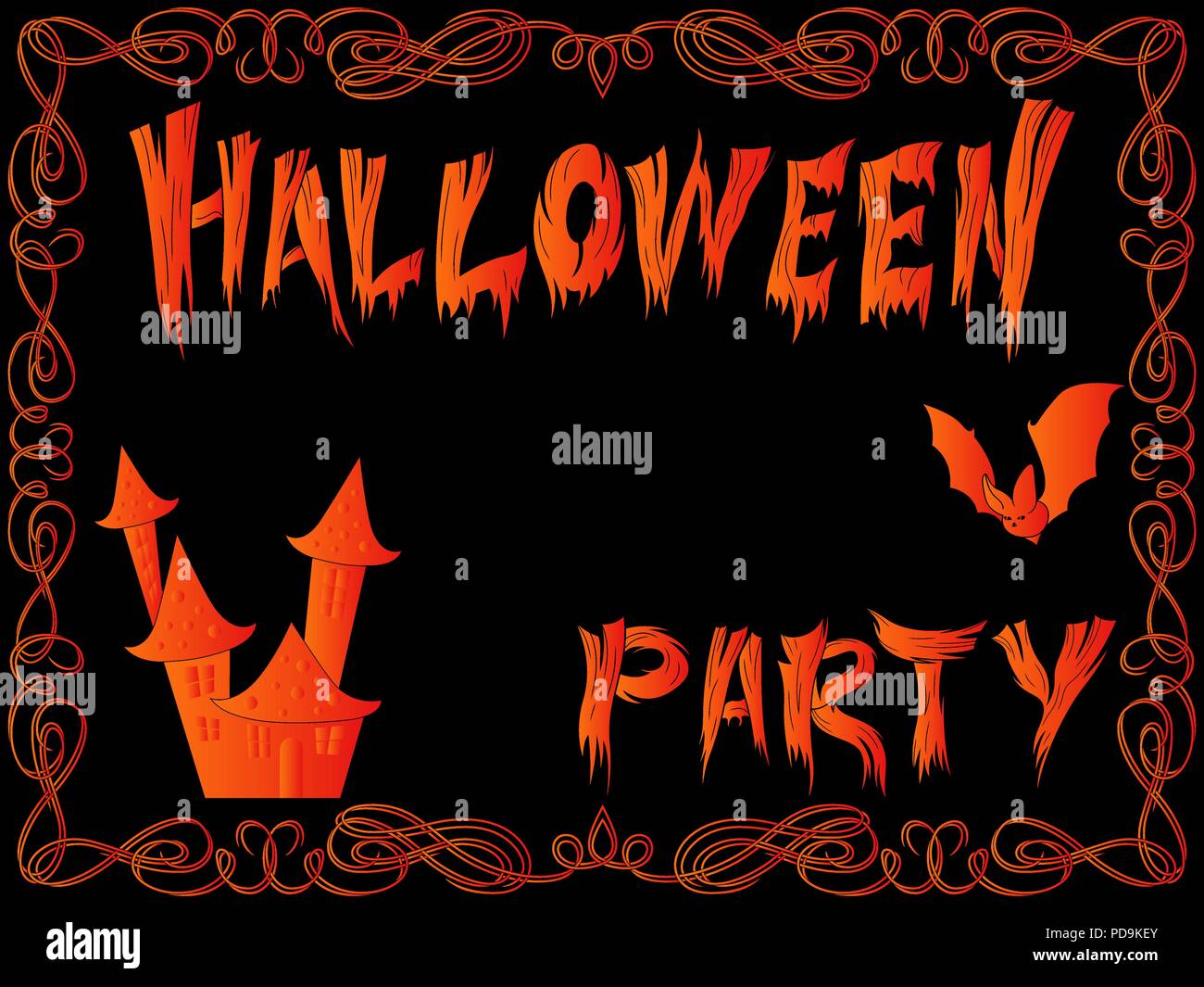 Cartolina con scary house e bat con un invito alla festa di Halloween con cornice decorativa su sfondo nero, vettore come una vacanza design Illustrazione Vettoriale