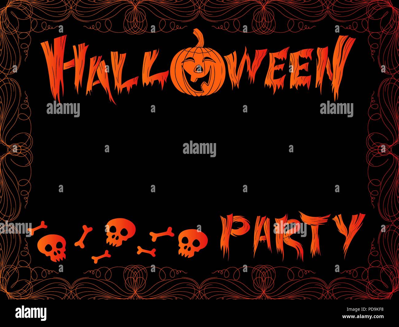 Cartolina luminoso con invito alla festa di Halloween con cornice decorativa su sfondo nero, vettore come una vacanza design Illustrazione Vettoriale