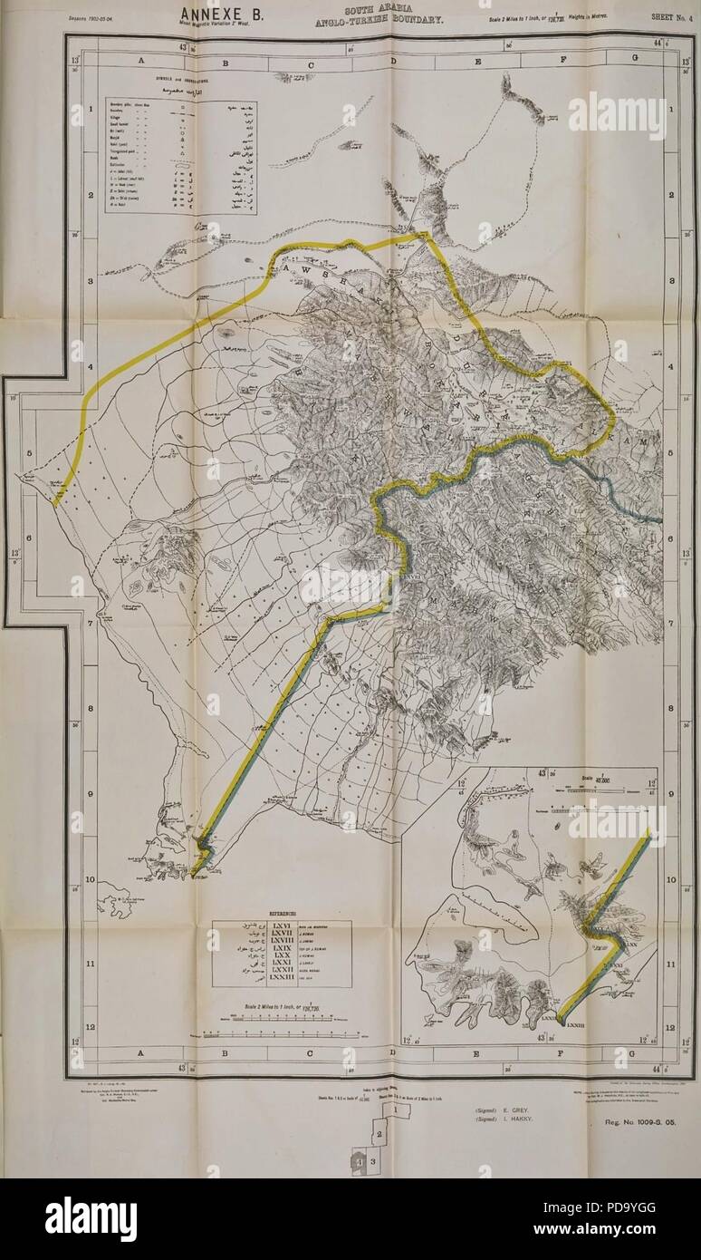 Confine Anglo-Turkish Commissione mappa di Cape Bab el-Mandeb. Foto Stock