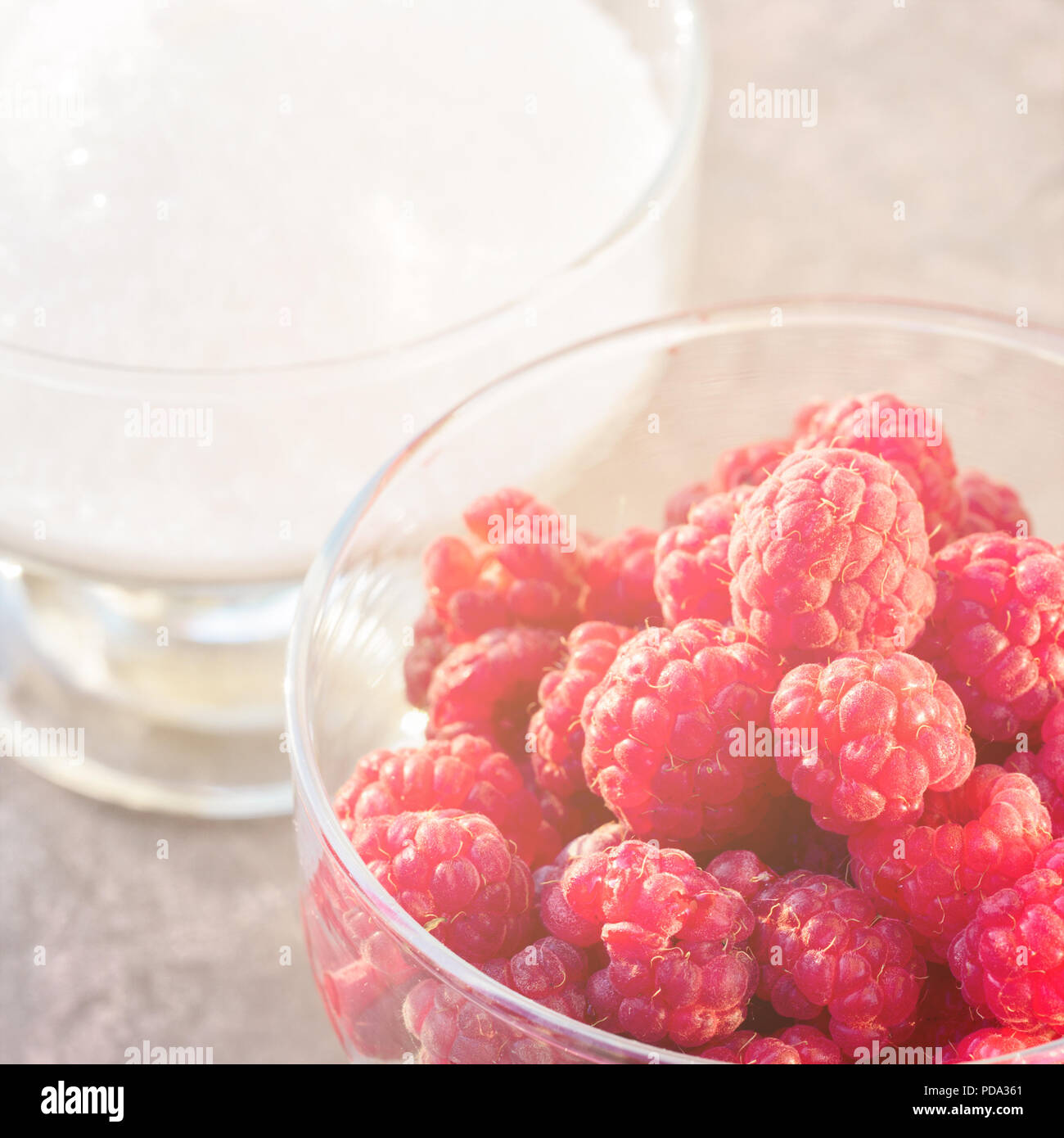 Bicchiere di lamponi freschi e zucchero bianco gastronomia giardinaggio harvest Foto Stock