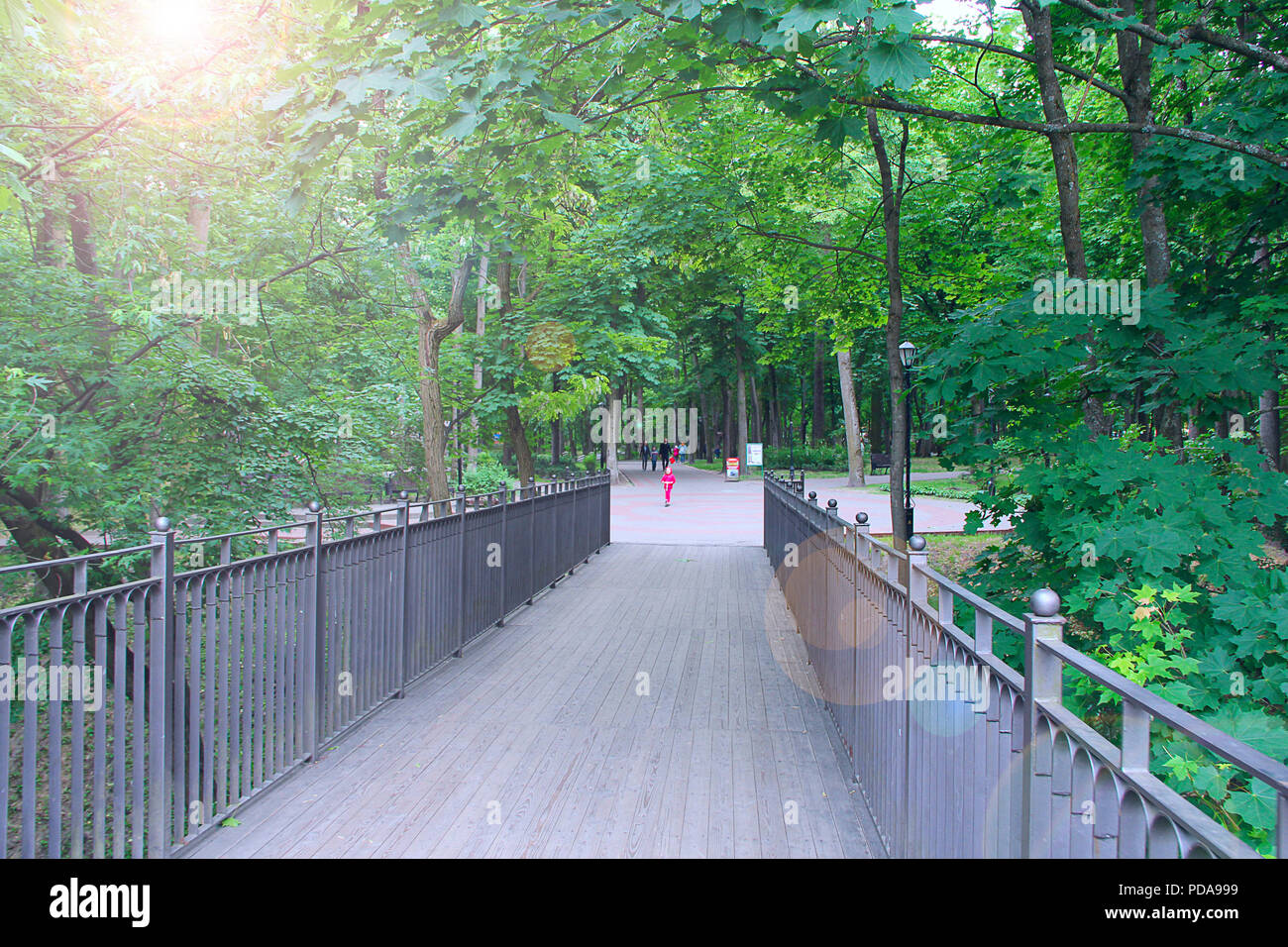 Ponte di legno nel parco della città. La gente che camminava sul percorso con il verde degli alberi. Ponte di parco con alberi secolari e il percorso Foto Stock