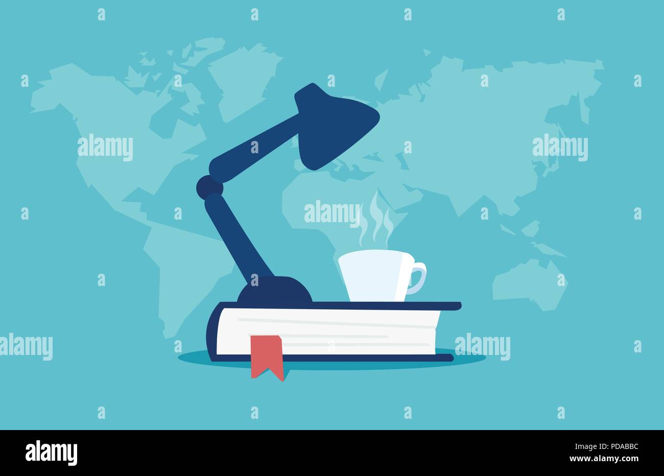 Vettore colorati di lampada silhouette sul libro con tazza di caffè contro sfondo blu con mappa del mondo Illustrazione Vettoriale