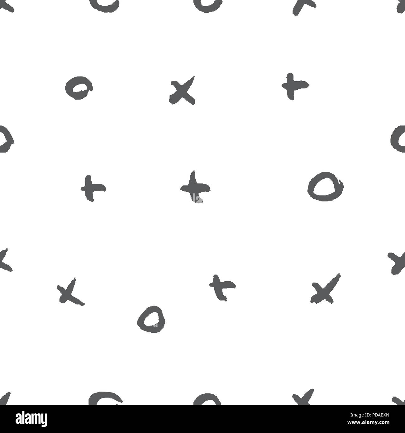 Pennello asciutto seamless pattern con acquerello effetto grunge. Croce, cerchio e pluss xo elementi. Dipinto a mano sullo sfondo di moda. Tessuto Illustrazione Vettoriale