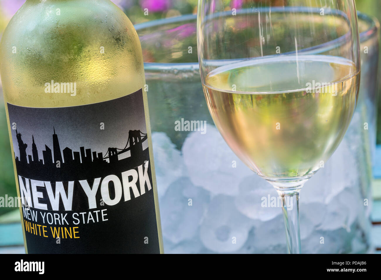 Lo stato di New York di vino bianco e bottiglia di vetro con lo scambiatore di calore del vino nel fresco giardino estivo terrazza Situazione di degustazione USA Foto Stock