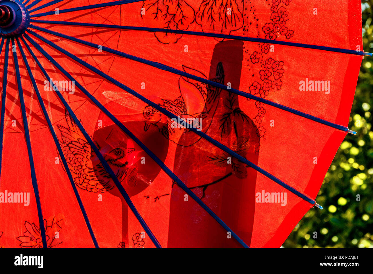 Estate bere il vino fresco giardino di stile di vita bicchiere di vino e una bottiglia in silhouette contro rosso parasol ombrello nel soleggiato giardino terrazza all'aperto Foto Stock