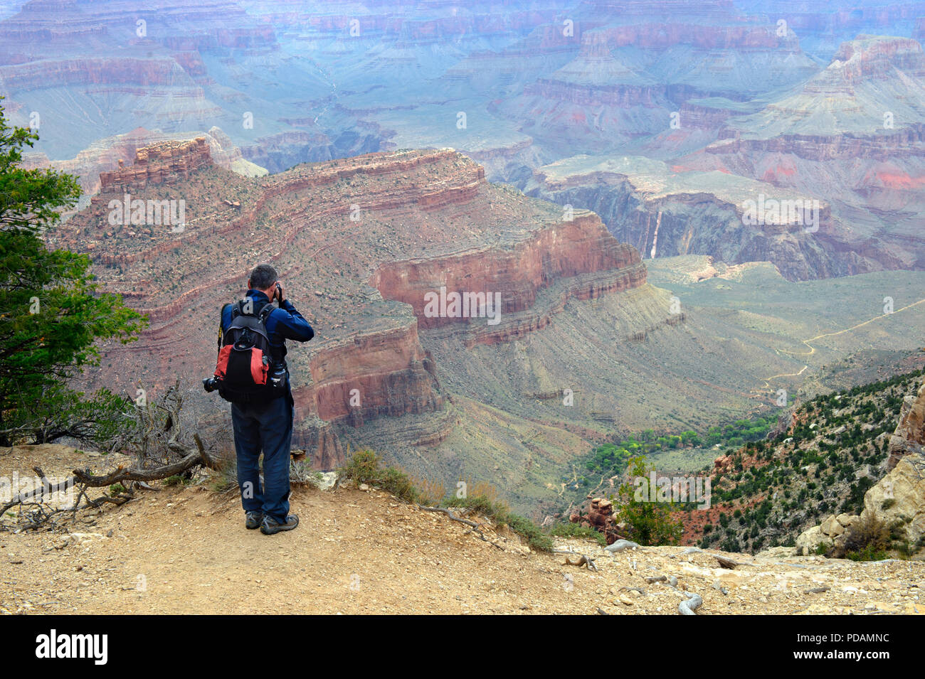 Uomo di scattare una foto del Grand Canyon dal South Rim. Foto Stock