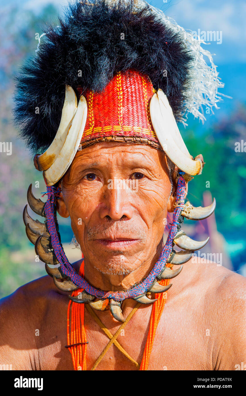 Naga tribal uomo in abito tradizionale, Kisima Nagaland Hornbill festival, Kohima, Nagaland, India Foto Stock