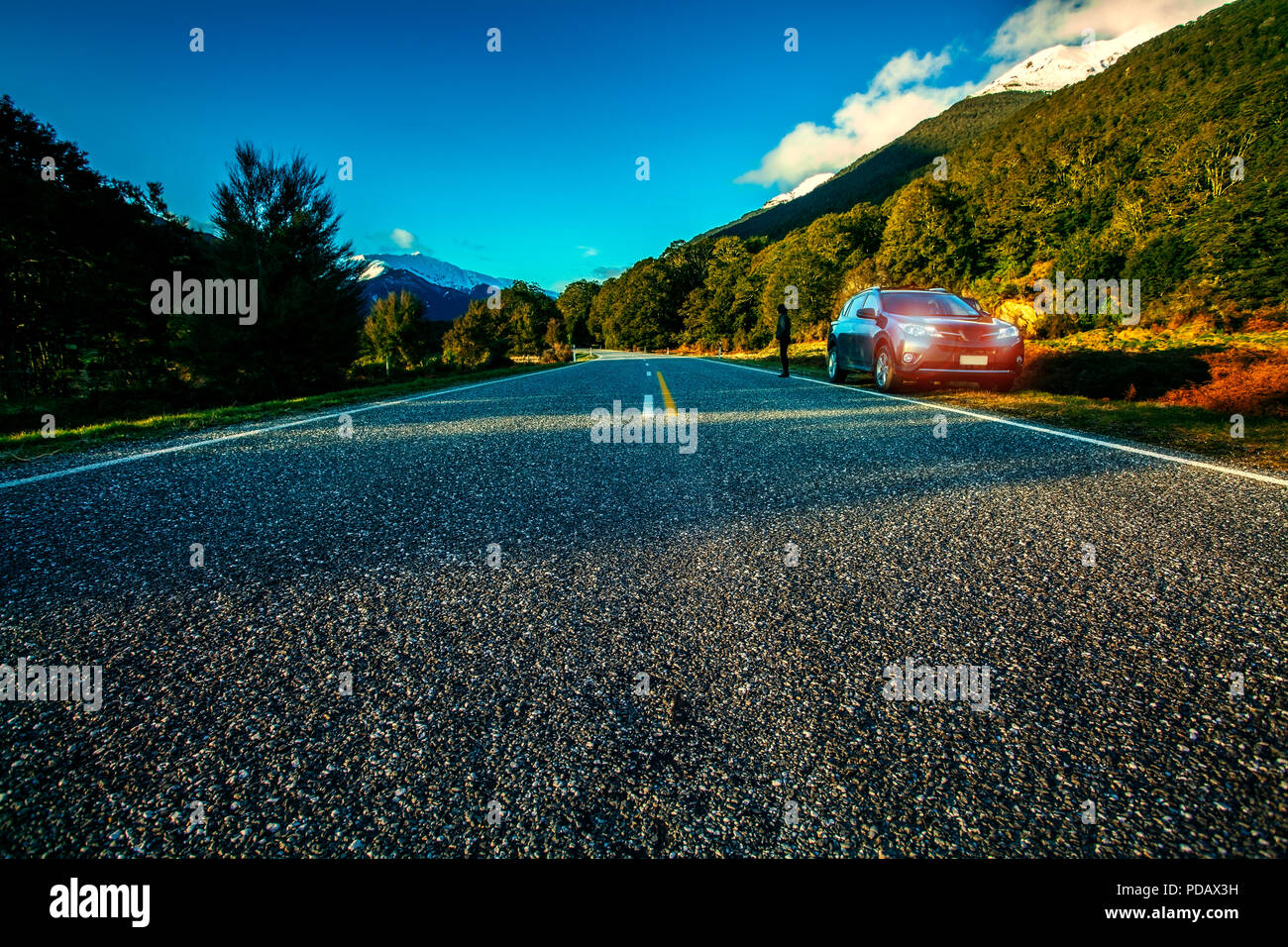 Unità turistica che viaggiano in aspiranti parco nazionale Southland Nuova Zelanda Foto Stock
