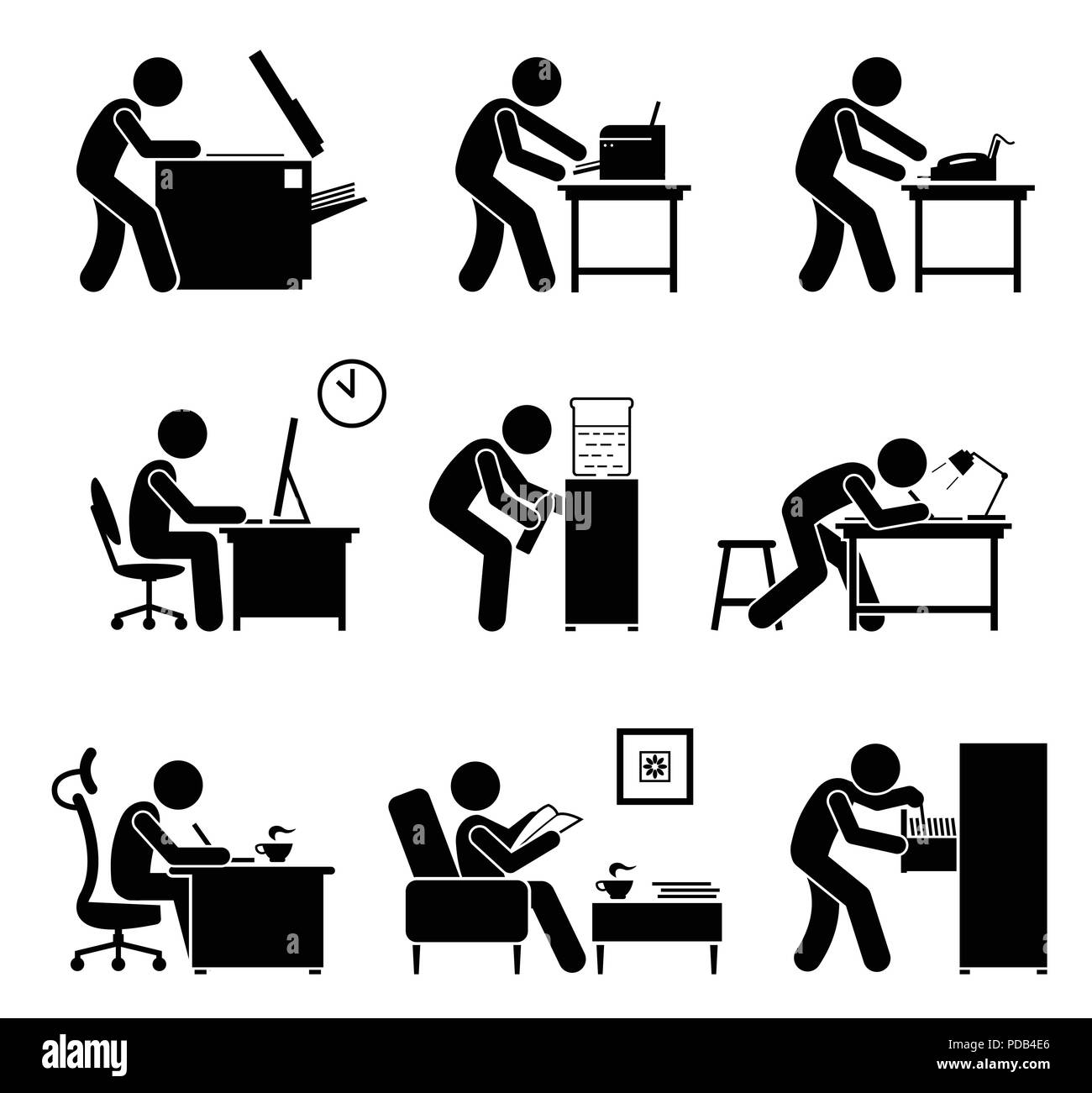 I dipendenti che utilizzano apparecchiature per ufficio nel luogo di lavoro. Illustrazione Vettoriale