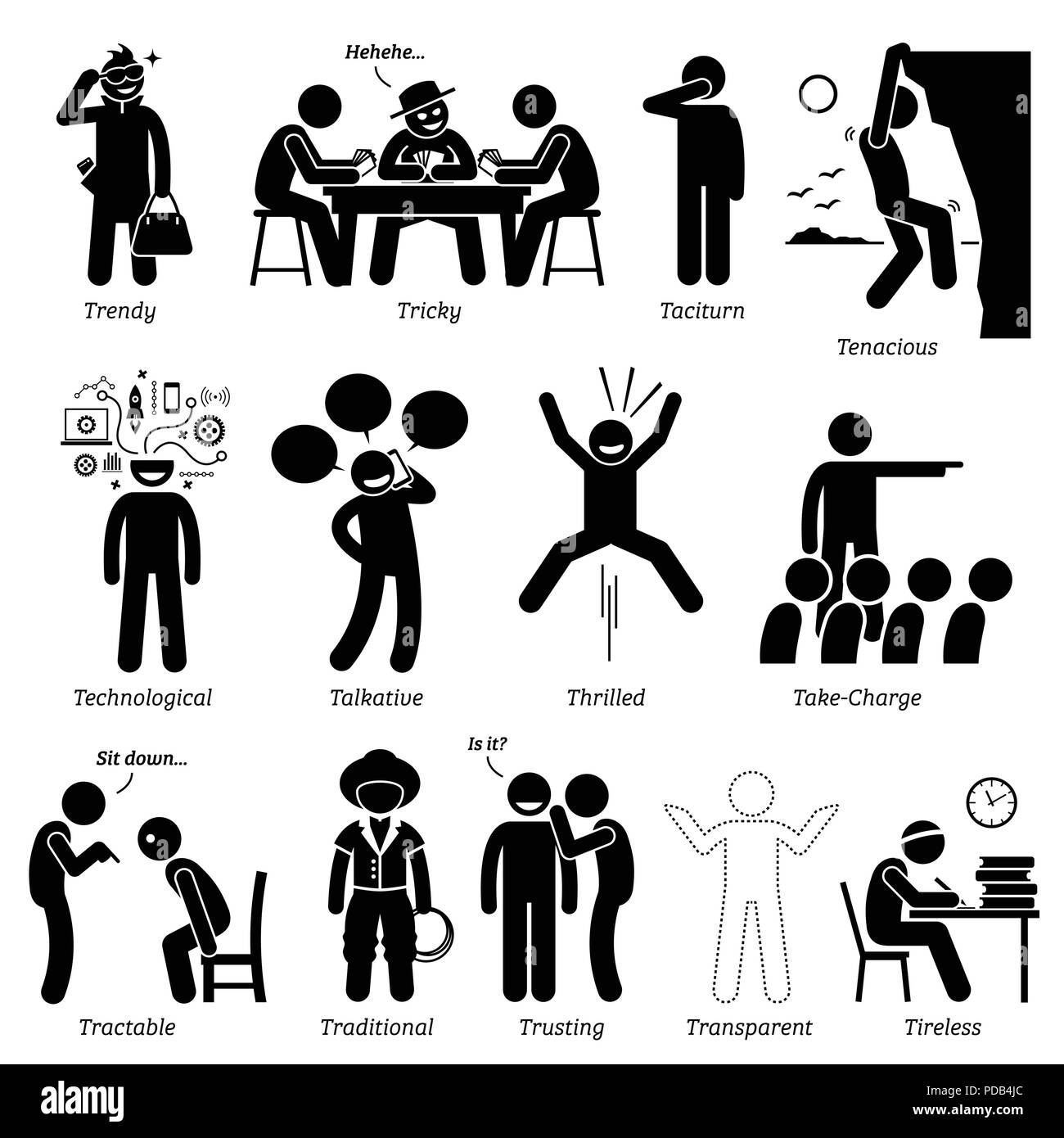 Personalità neutrale tratti caratteriali. Stick figure uomo icone. Iniziando con l'Alfabeto T. Illustrazione Vettoriale