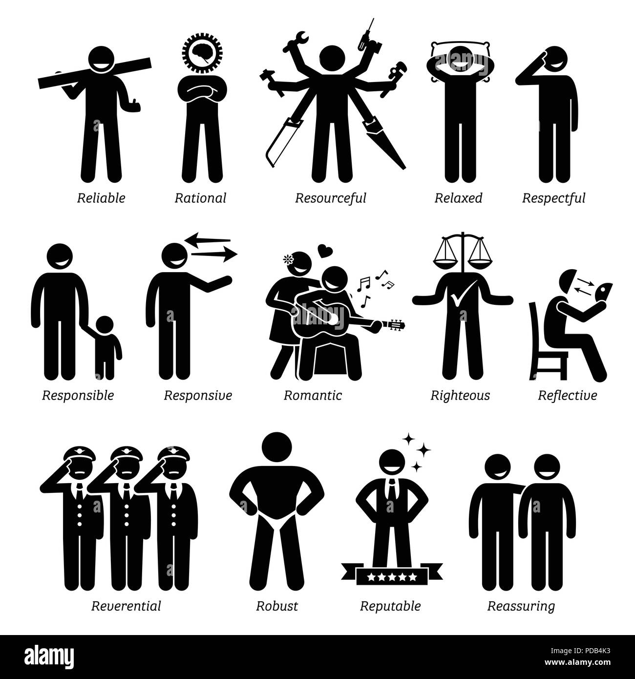 Personalità positivi tratti caratteriali. Stick figure uomo icone. Iniziando con l'Alfabeto R. Illustrazione Vettoriale